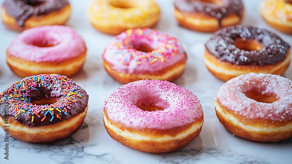 Poster Assortment of donuts on marble table background Close up Top view : Generative AI