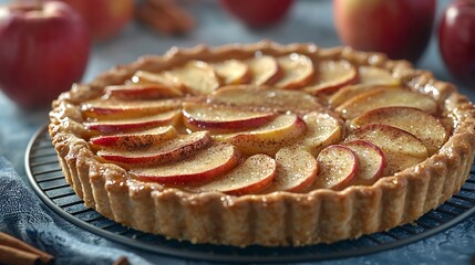Apple galette pie tart with cinnamon on cooling rack on a blue stone background : Generative AI