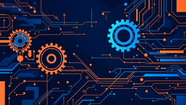 A clean, abstract background with geometric shapes symbolizing gears, circuits, robotic arms, and mechatronic systems.  The color scheme features deep navy blues, neon blues, and bright oranges.