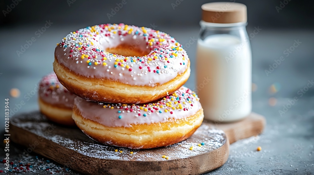 Aufkleber donuts with bottle of milk on marble table grey background : generative ai