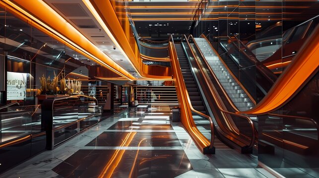 A wideangle view of the Futuristic interior design of a two floor high cinema lobby, Generative AI illustrations.