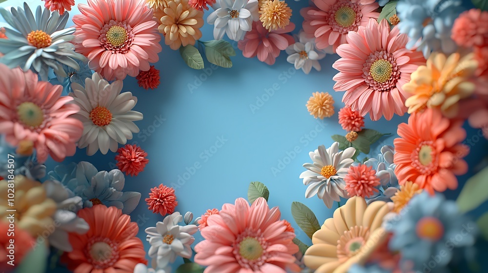 Poster frame of colorful flowers blue background top view copy space : generative ai