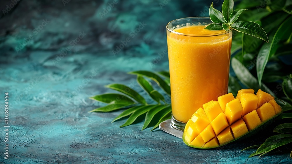 Poster Fresh tropical fruit smoothie mango juice and fresh mango Copy space Top view : Generative AI