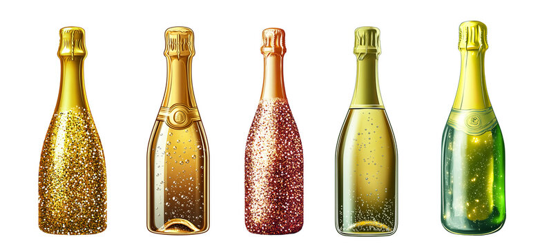 Collection set of gold sparkling champagne bottle with twinkle glitter on isolated background.elements for party and celebration design