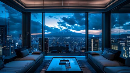 Fototapeta premium A photograph of skyline at night from inside of a japanese-design style luxury high-rise apartment, Generative AI illustrations.