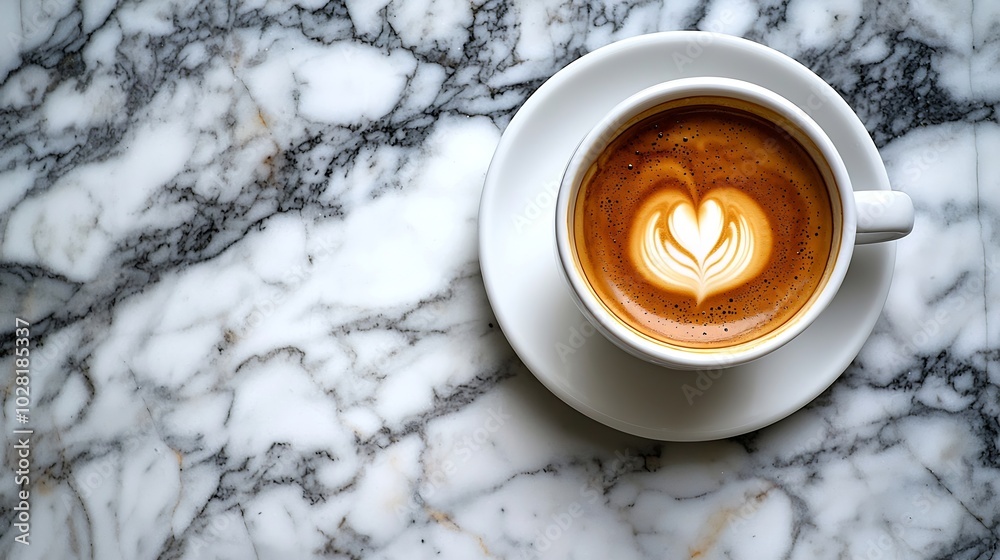 Aufkleber coffee espresso in white cup of marble table background top view : generative ai