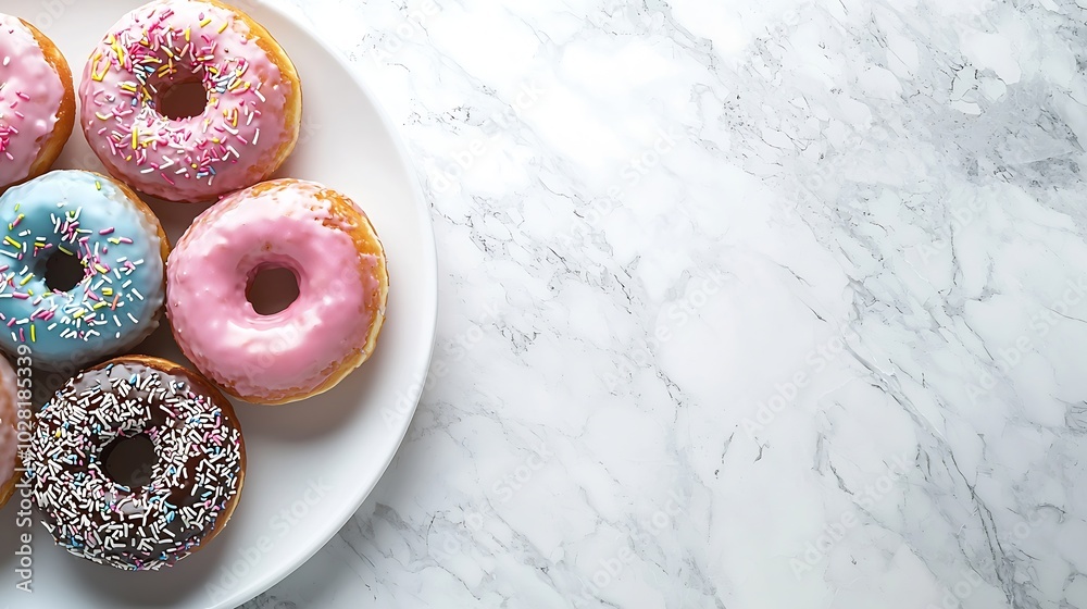 Poster donuts assortment with colorful glaze on white plate marble background top view : generative ai