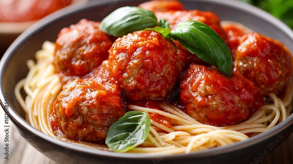 Aufkleber meatballs in tomato sauce and fresh basil with spaghetti on a white background : generative ai