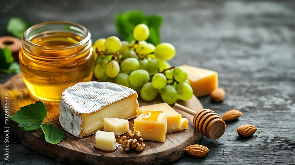 Aufkleber Assortment of cheese with honey nuts and grape on a rustic cutting board wooden background : Generative AI