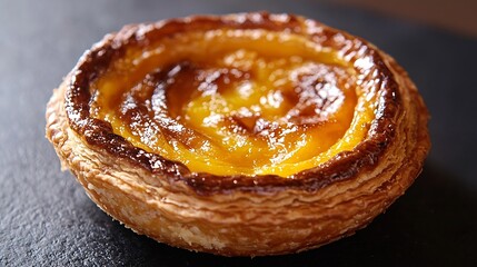Egg tart traditional Portuguese dessert pastel de nata pasteis Slate background Close up : Generative AI