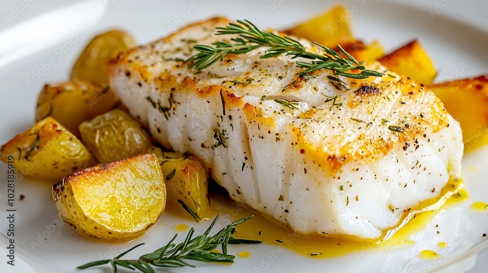 Poster roasted cod codfish with baked potatoes and artichokes with lemon and herbs sauce on a white backgro