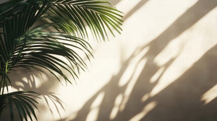 Fototapeta premium Palm Leaf Casts Shadows on a Beige Wall