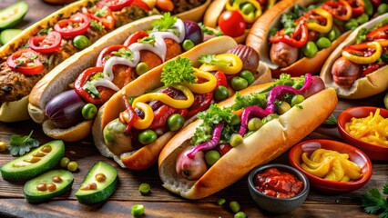 Vibrant hot dogs bursting with flavor, featuring delicious sausages and imaginative toppings. A feast for food lovers, showcasing creativity and colorful presentation in every bite.