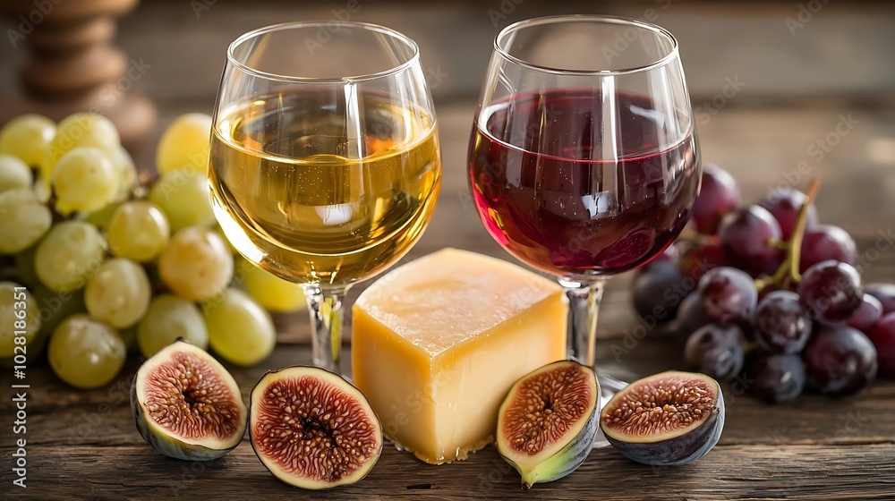 Poster cheese grape figs and honey with a glasses of red and white wine on a wooden background : generative