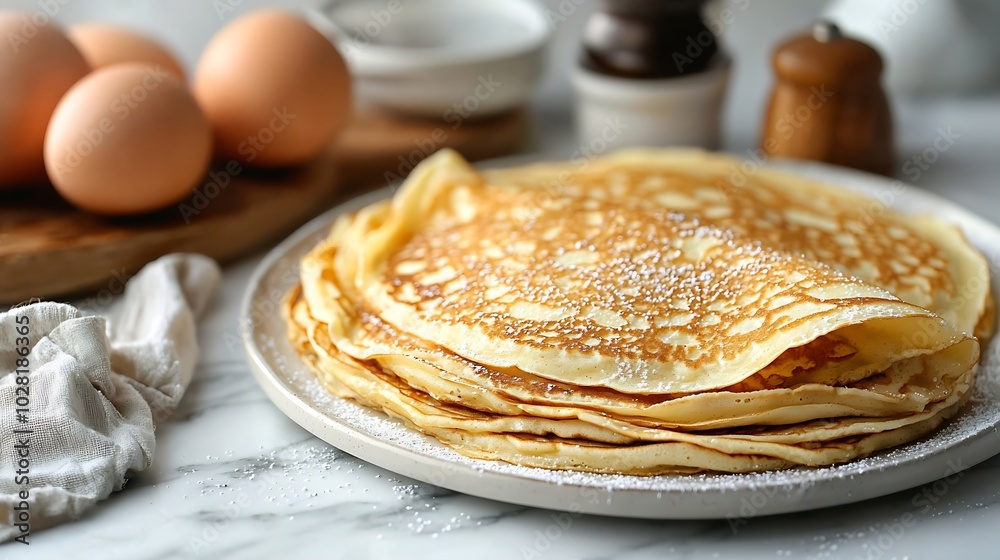 Poster crepes thin pancakes on a white plate marble background copy space top view : generative ai