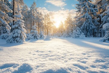 Fototapeta premium Winter season background with pine trees and white snow