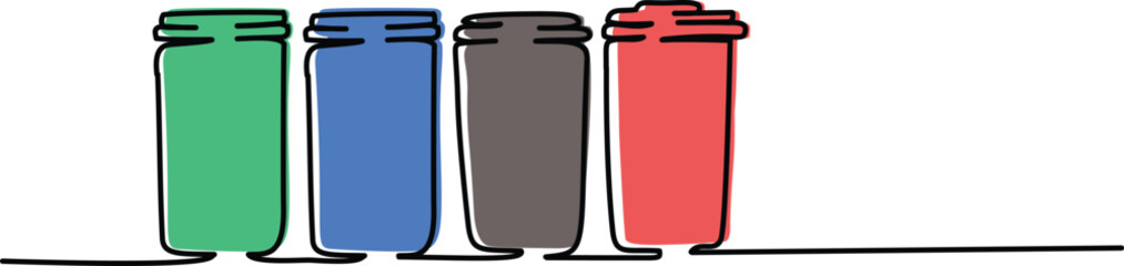 Colorful Trash cans with continuous line drawing Vector graphic illustration isolated on white. Garbage bin or plastic recycle bins or container for separate waste collection. Recycles Day