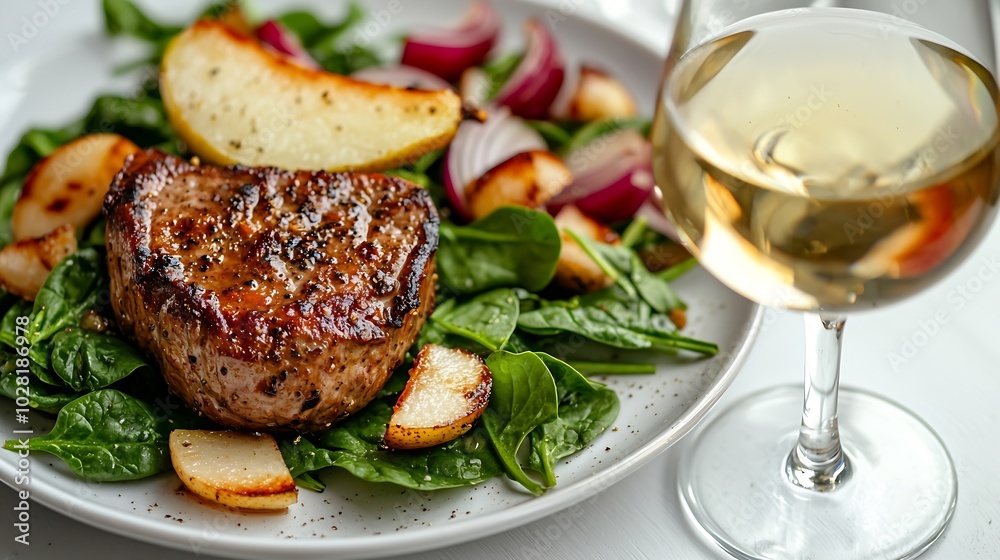 Poster pork tenderloin roasted with pear and onion on a white plate with glass of white wine and fresh spin
