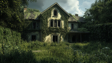Obraz premium A desolate empty house with rotting wood and vines