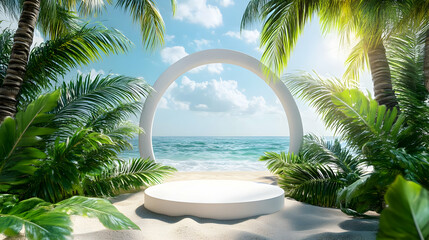 Tropical Beach with White Arch and Podium.