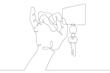 Hand brush palm holds a metal key from the lock with his fingers. One continuous drawing line  logo single hand drawn art doodle isolated minimal illustration.