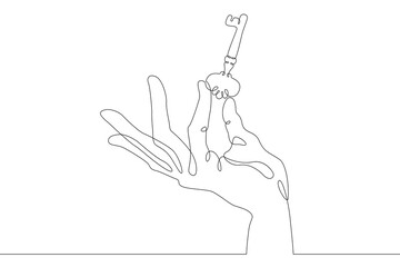 Obraz premium Hand brush palm holds a metal key from the lock with his fingers. One continuous drawing line logo single hand drawn art doodle isolated minimal illustration.