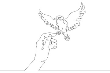 The bird sits on the human hand. Bird flying in the air. Open palm. One continuous drawing line  logo single hand drawn art doodle isolated minimal illustration.