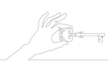 Hand brush palm holds a metal key from the lock with his fingers. One continuous drawing line  logo single hand drawn art doodle isolated minimal illustration.