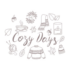 Cozy Days hand drawn fall designs. Scarf, candle, rowan, tea,sweater, scarf with hat, ball of wool threads, leaves, acorns and mushrooms. Cozy fall collection.