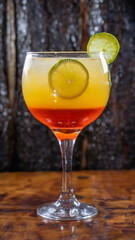 Copa de cóctel anaranjado con hielo y rodaja de limón como decoración, sobre mesa de madera rústica. Bebida fresca y veraniega