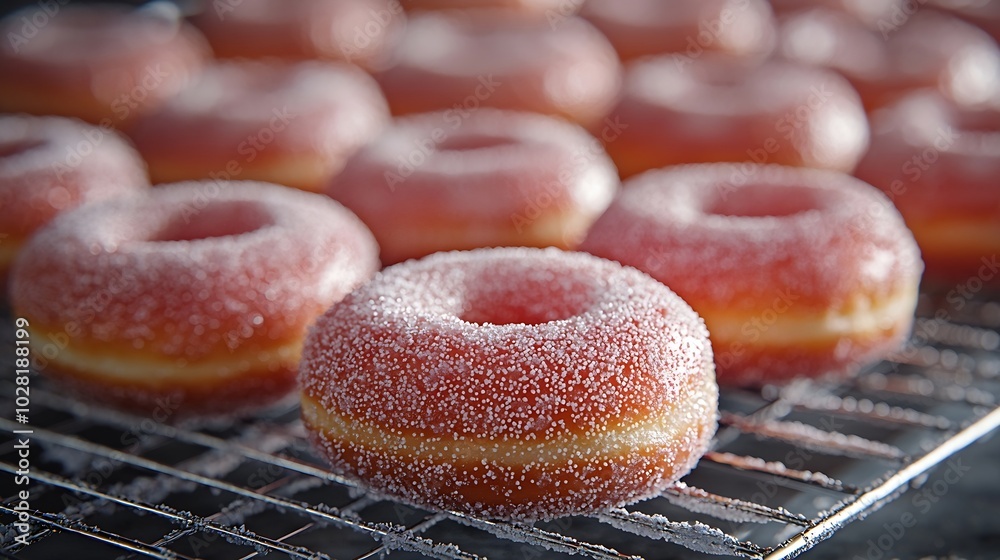 Poster donuts with sugar powder on cooling rack copy space top view : generative ai