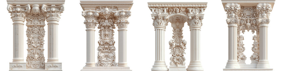 Naklejka premium set of An ornate podium architecture with intricate carvings and tall stone columns in fine focus, png file, A beautiful architecture podium with intricate carvings and t, on a transparent backgrounds