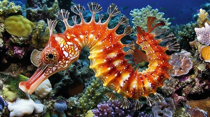 Obraz premium Ornate Seahorse in Vibrant Coral Reef