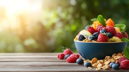 Fototapeta premium A cereal box with vivid fruit artwork, placed on a rustic table, bowl of cereal beside it, photorealistic illustration, isolated on white background