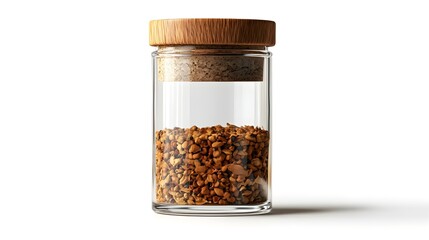 A classic glass spice jar with a wooden cork and old-world label, rustic kitchen feel, isolated on white background