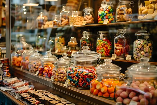 Assortment of candied fruits and nuts in glass jars. - Powered by Adobe