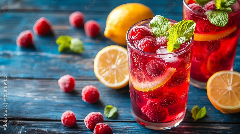 Aufkleber raspberry cocktail fizz lemonade ice tea with fresh mint on blue wooden background close up copy spa