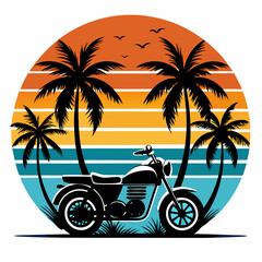 sunset Vibes t-shirt design, black silhouette illustration vintage retro  retro motor bike with palm trees and no people on a white background