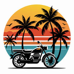 sunset Vibes t-shirt design, black silhouette illustration vintage retro  retro motor bike with palm trees and no people on a white background