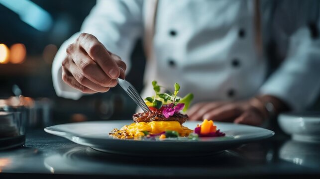 Chef plating a gourmet dish with colorful garnishes in a restaurant kitchen.