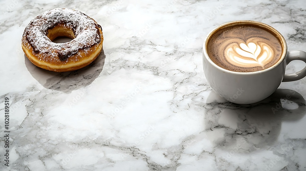 Poster Coffee with chocolate donut in marble table background Top view : Generative AI