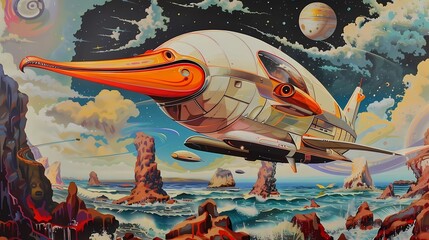 Naklejka premium A summer fantasy space ship, bizzare scene like video, vintage surreal painting, oil on canvas, Generative AI illustrations. 