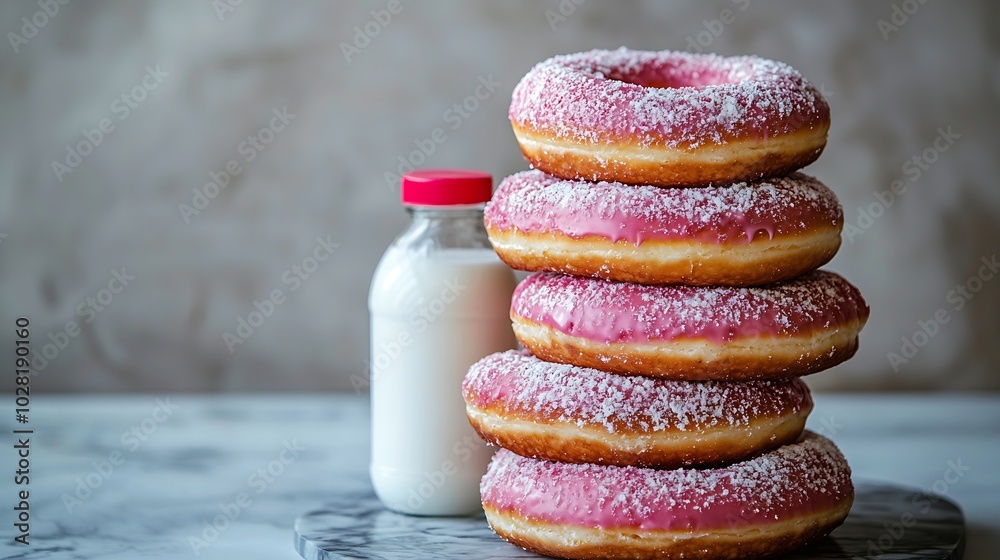 Poster donuts with bottle of milk on marble table grey background : generative ai