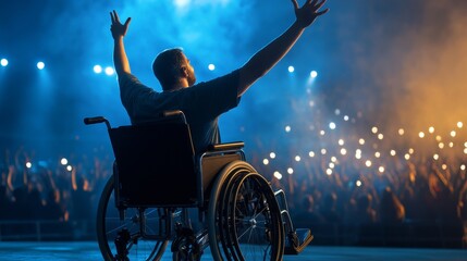 A man in a wheelchair raises his hands in celebration, illuminated by stage lights, a symbol of triumph, inclusivity, perseverance, and hope.