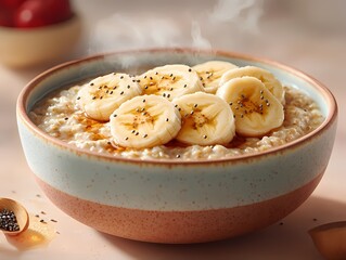 A bowl of warm oats top with bananas.