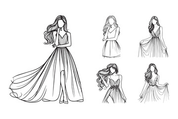 Hand-drawn clipart featuring graceful women in fashionable attire