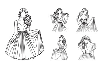 Line art showcasing the beauty of elegant women in dresses
