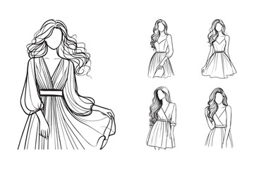 Elegant women illustrated in a minimalist black and white style Illustration Hand Drawn Clipart