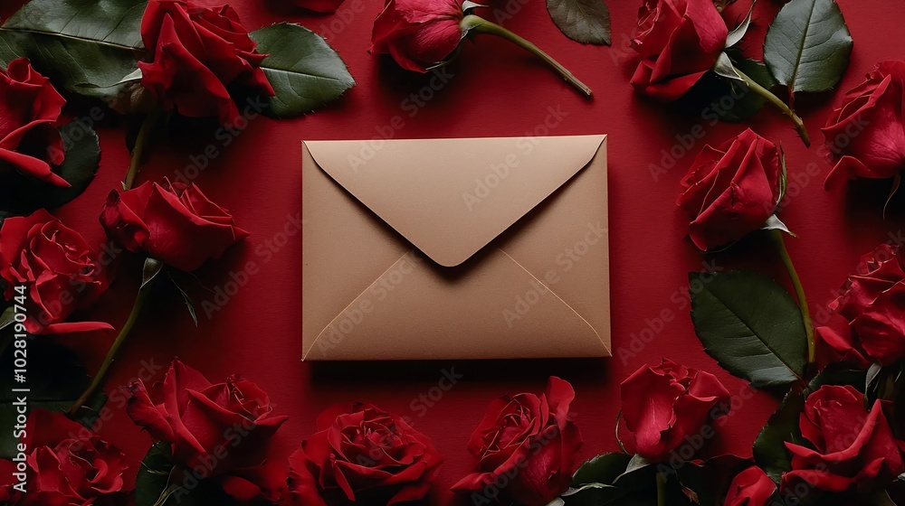 Aufkleber Rose flower frame with envelope Copy space Top view : Generative AI