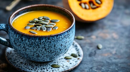 Salted caramel with pumpkin puree and seeds on a blue and white ceramic board : Generative AI